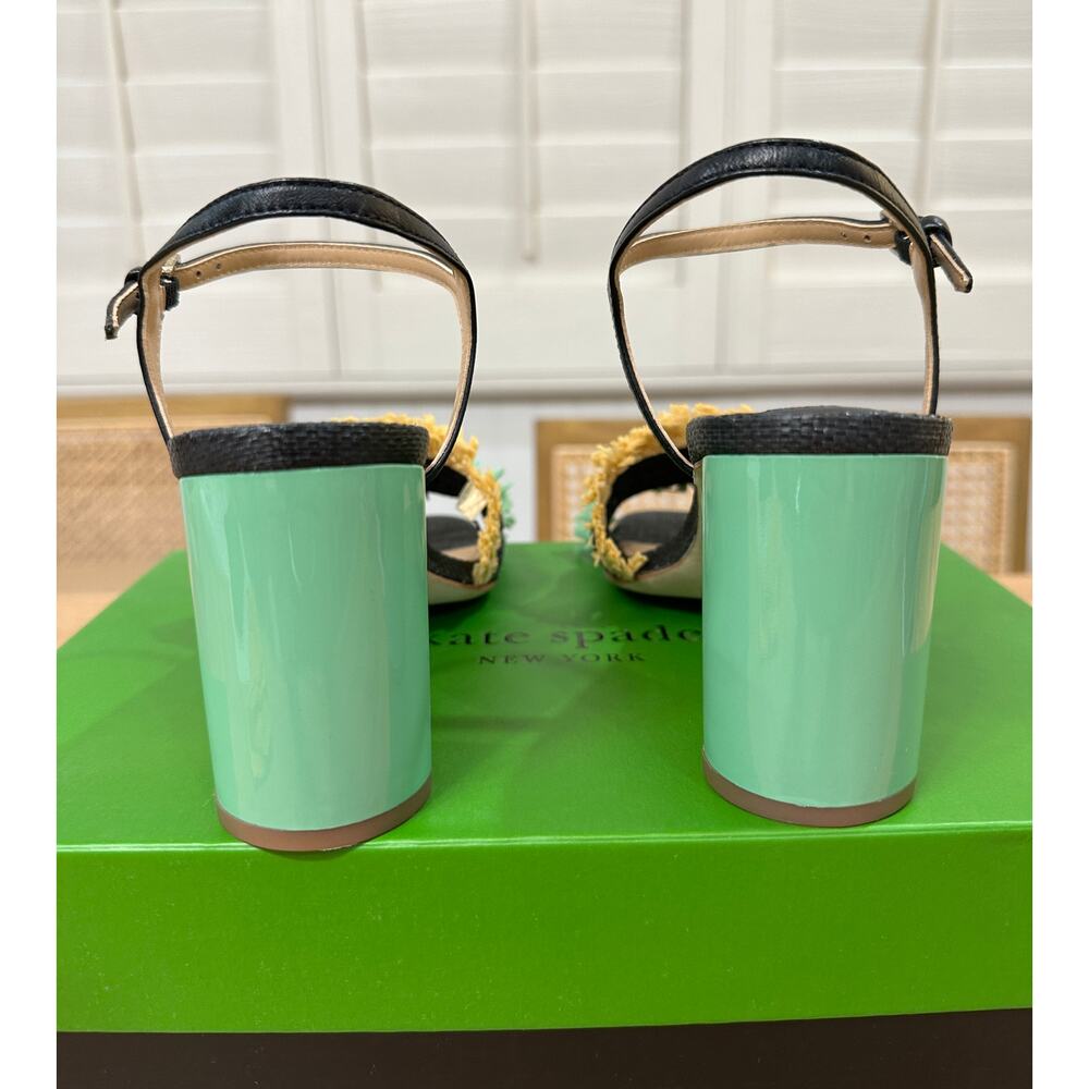 Kate Spade Bora Bora Heel Black Natural Mint Crochet Raffia Size 5 NIB Vacation - Picture 11 of 16